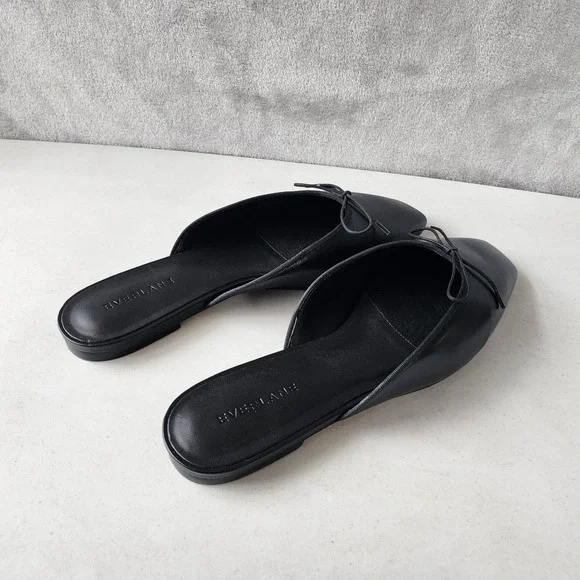 Everlane Ballet Mule Flats Womens Size 9 Leather Black Square Toe Shoes Bow NIB - Picture 10 of 13